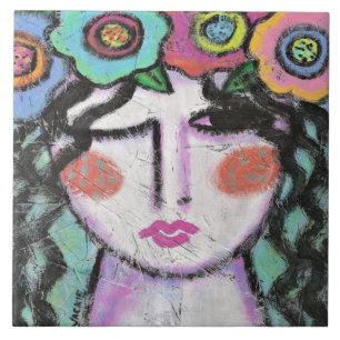 Flowers in Her Hair Abstract Portrait of a Woman Tile