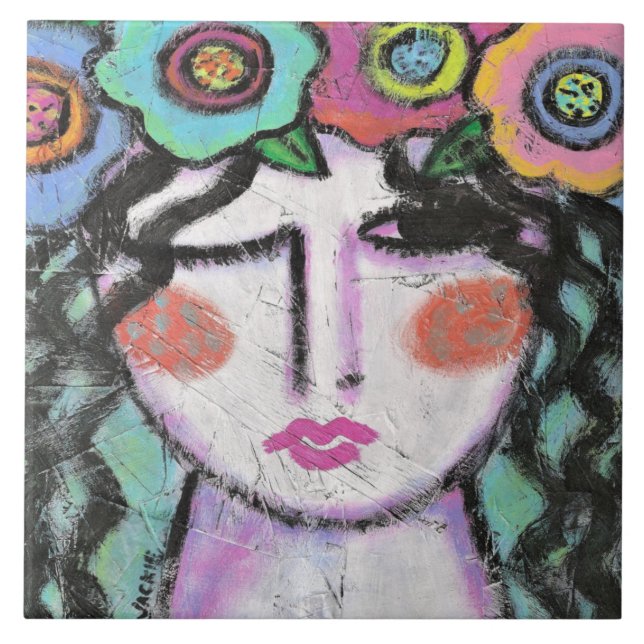 Flowers in Her Hair Abstract Portrait of a Woman Tile (Front)