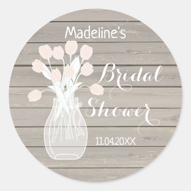 Flowers in Jar on Wood Bridal Shower   Classic Round Sticker (Front)