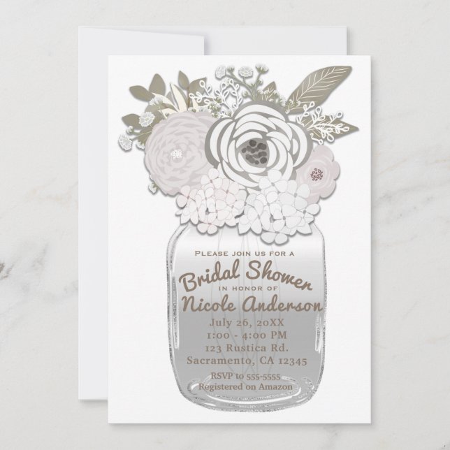 Flowers in Mason Jar Rustic Bridal Shower Floral Invitation (Front)