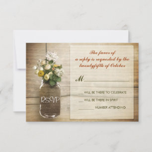 flowers in mason jar vintage wedding RSVP cards
