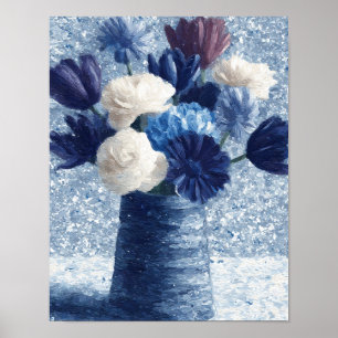 Flowers in Morning Blue Textured Floral Art Poster