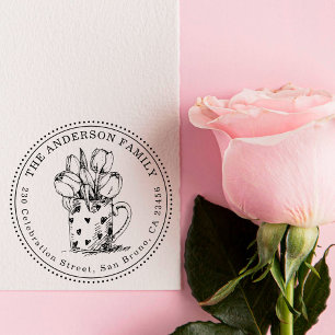 Flowers in Mug Custom Family Name & Return Address Rubber Stamp