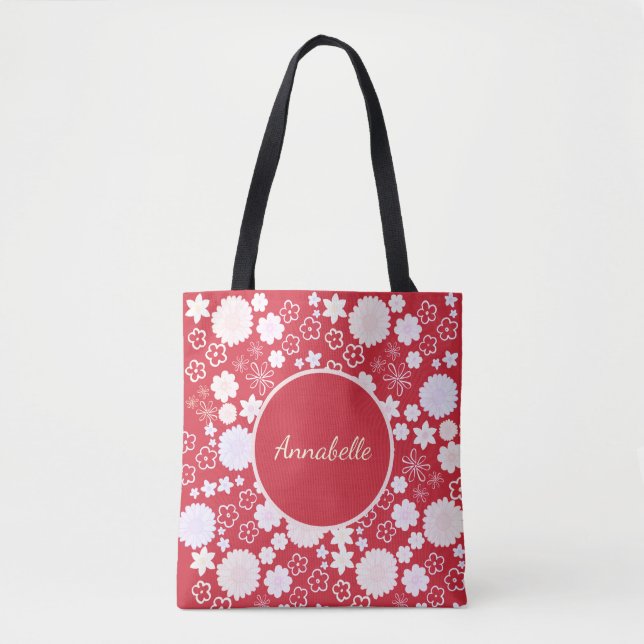 Flowers in Red Floral Pattern Custom Named  Tote Bag (Front)