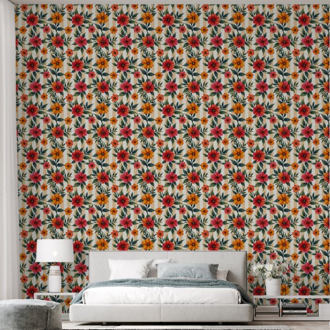 Flowers in Sunset Colours on Tan Stripes Wallpaper (Bedroom)