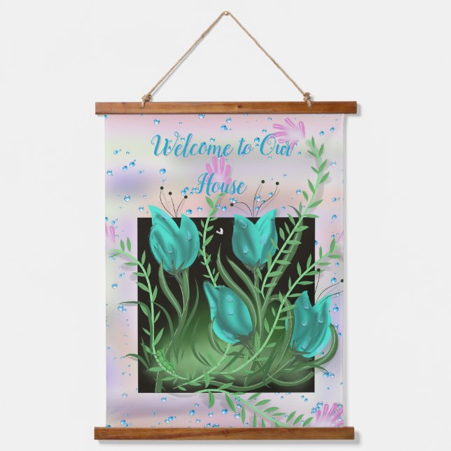 Flowers in the Wall, Teal Wall Tapestry (Front)