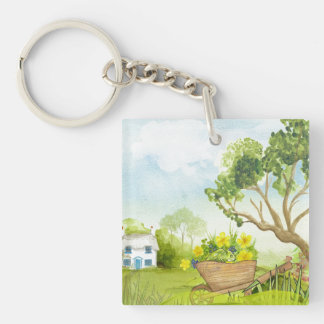 Flowers in the Wheelbarrow Landscape Keychain