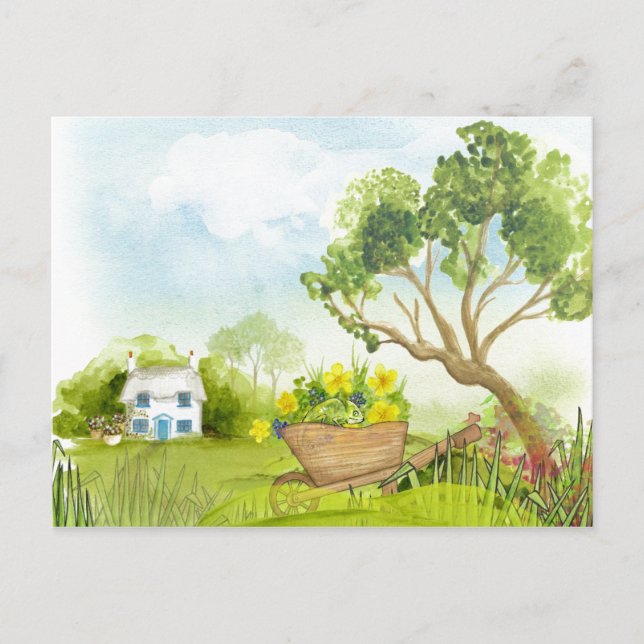 Flowers in the Wheelbarrow Landscape Postcard (Front)