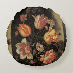 Flowers in Vase, Vintage Baroque Floral Still Life Round Pillow