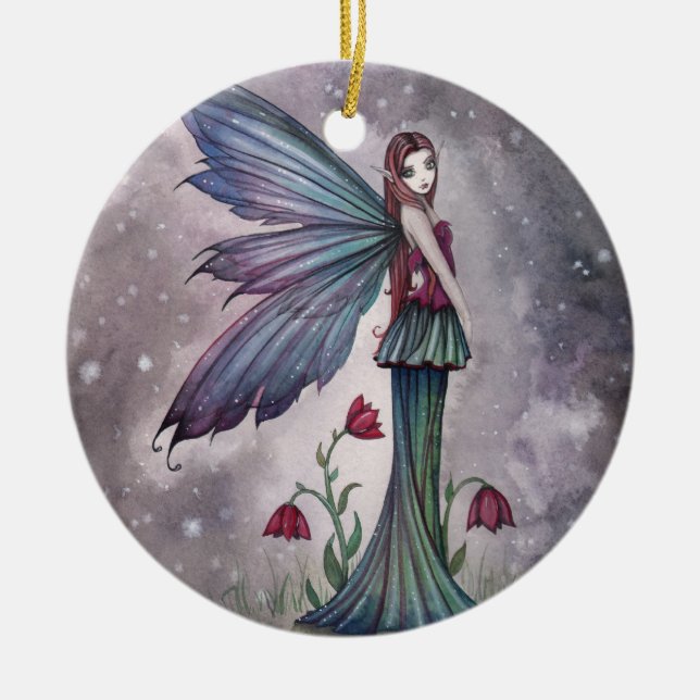 Flowers in Winter Fairy Fantasy Art Ceramic Ornament (Front)