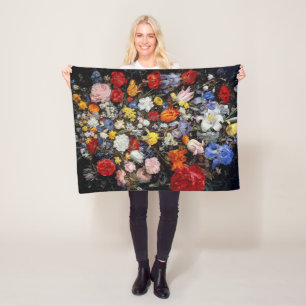 Flowers in Wooden Vessel, Jan Brueghel the Elder Fleece Blanket