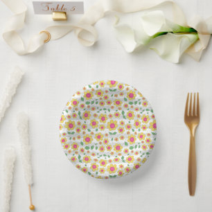 Flowers kids pink yellow doodle happy spring daisy paper plate