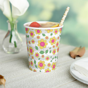 Flowers kids pink yellow happy spring daisy paper cups
