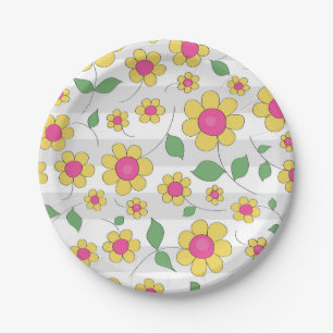 Flowers kids pink yellow happy spring doodles paper plate