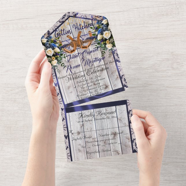 Flowers, Lace & Horseshoes, Blue Ribbon All In One Invitation (Tearaway)
