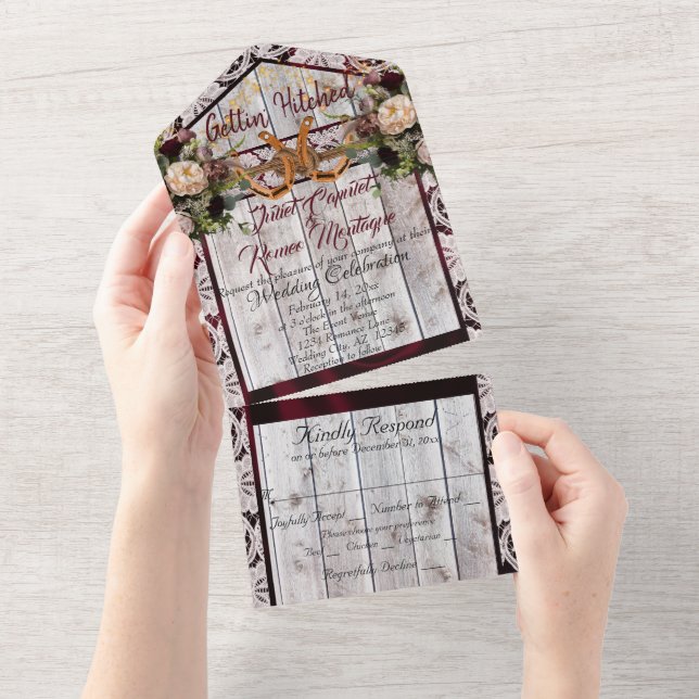 Flowers, Lace & Horseshoes, Burgundy Ribbon All In One Invitation (Tearaway)