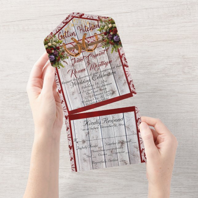 Flowers, Lace & Horseshoes, Red Ribbon All In One Invitation (Tearaway)