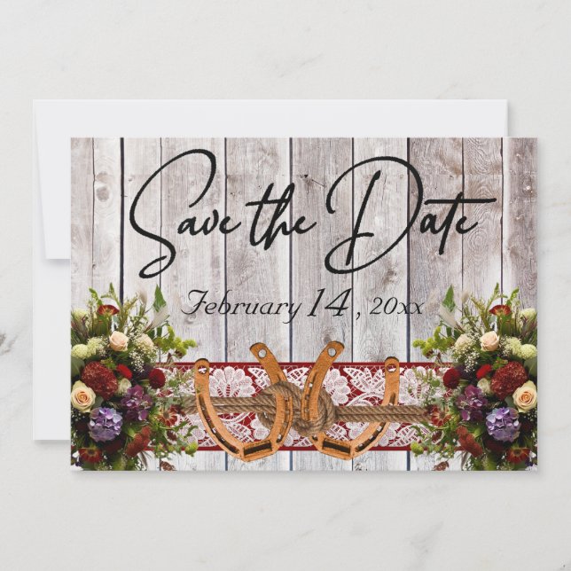 Flowers, Lace & Horseshoes Red Ribbon Wedding Save The Date (Front)