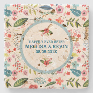 Flowers & Leafs Botanical Pattern Wedding Template Stone Coaster