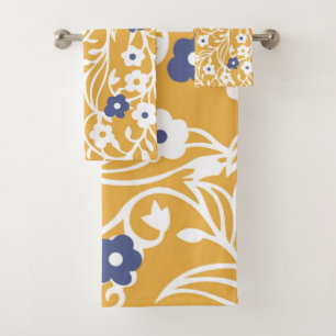 Flowers, leaves, vines, abstract, ochre, white bath towel set
