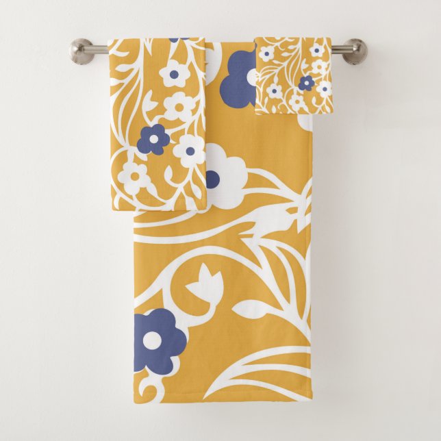 Flowers, leaves, vines, abstract, ochre, white bath towel set (Insitu)