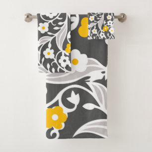 Flowers, leaves, vines, grey, white, yellow bath towel set