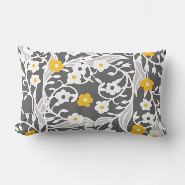 Flowers, leaves, vines, grey, white, yellow lumbar pillow (Front)
