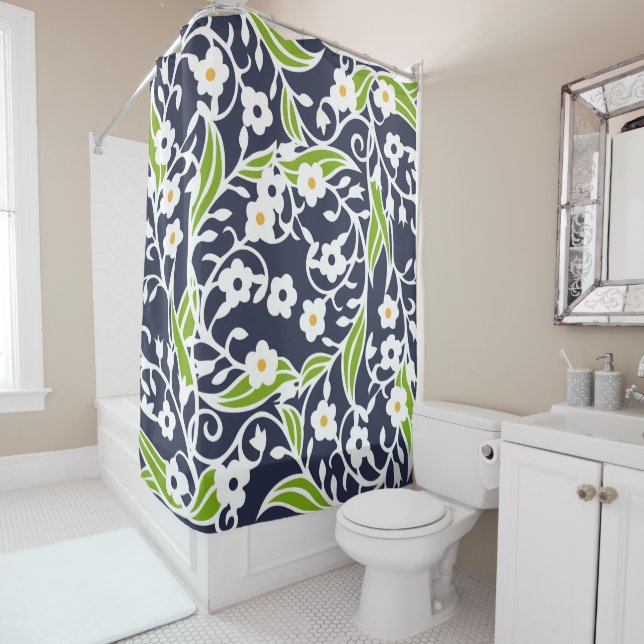 Flowers, leaves, vines, navy blue, white, green (In Situ)