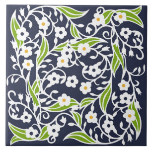 Flowers, leaves, vines, navy blue, white, green tile
