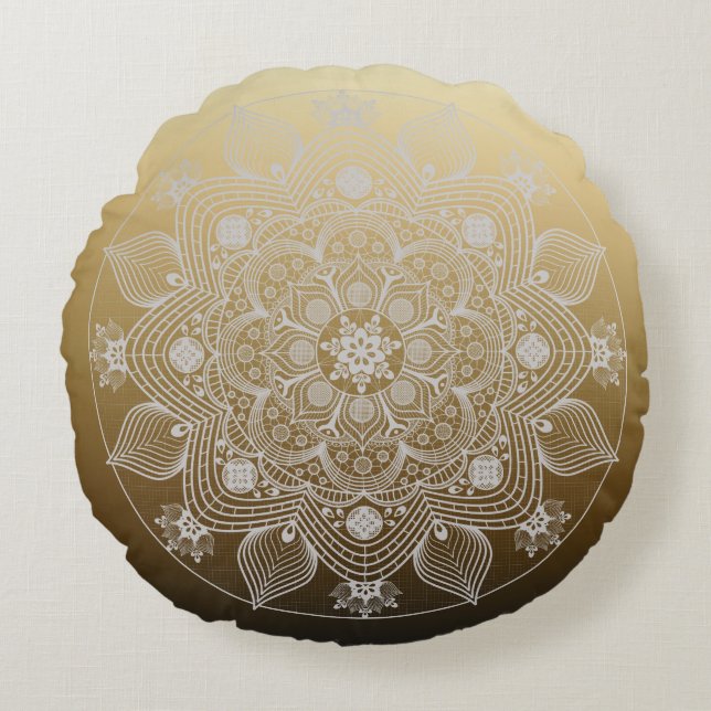 Flowers, Leaves, White Lace Floral Mandala on Gold Round Pillow (Front)