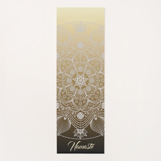 Flowers, Leaves, White Lace Floral Mandala on Gold Yoga Mat (Front)