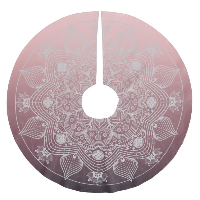 Flowers, Leaves, White Lace Floral Mandala on Pink Brushed Polyester Tree Skirt (Front)