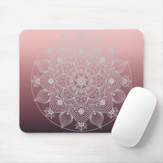 Flowers, Leaves, White Lace Floral Mandala on Pink Mouse Pad (With Mouse)