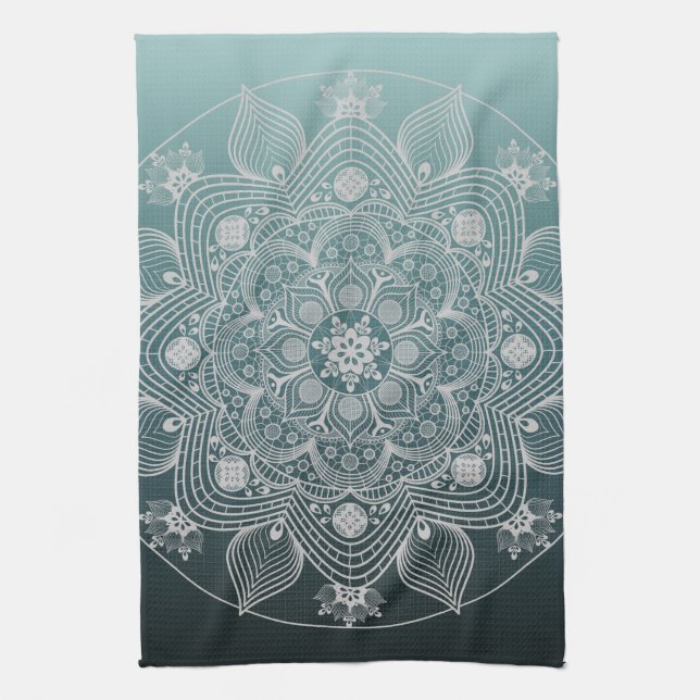 Flowers, Leaves, White Lace Floral Mandala on Teal Kitchen Towel (Vertical)