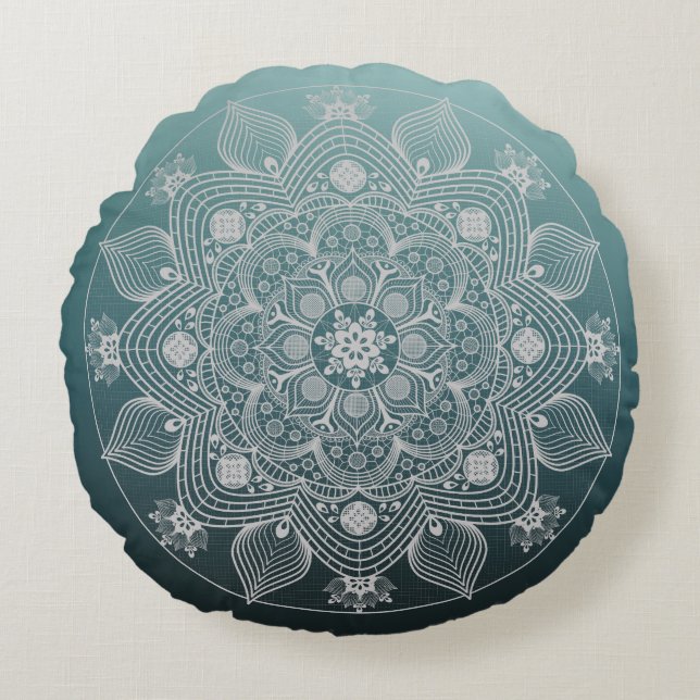 Flowers, Leaves, White Lace Floral Mandala on Teal Round Pillow (Front)