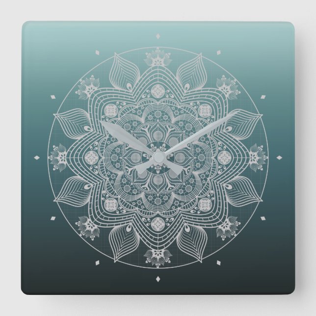 Flowers, Leaves, White Lace Floral Mandala on Teal Square Wall Clock (Front)