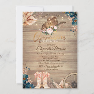 Flowers Lights Cowgirl Hat Boots Wood Quinceañera Invitation