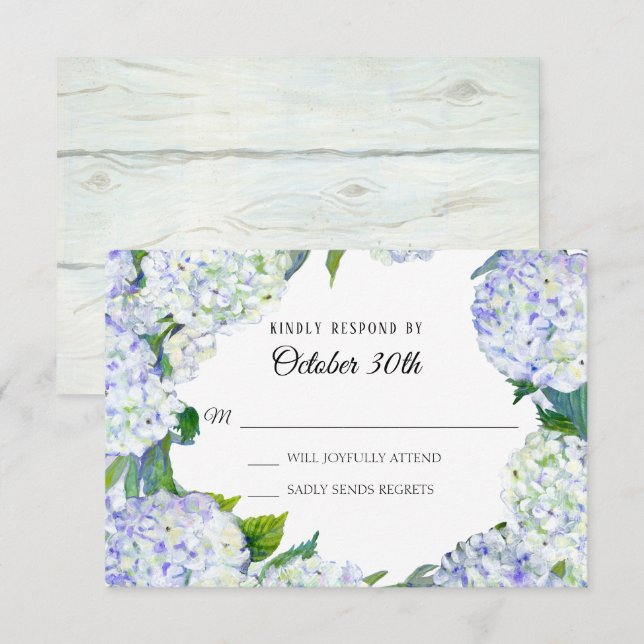Flowers Lilac White Hydrangea w Wood RSVP Wedding Invitation (Front/Back)