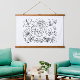 Flowers Line Art Hanging Tapestry