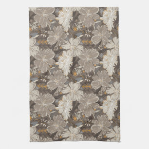 Flowers line drawing grey, white, & hints of tan kitchen towel