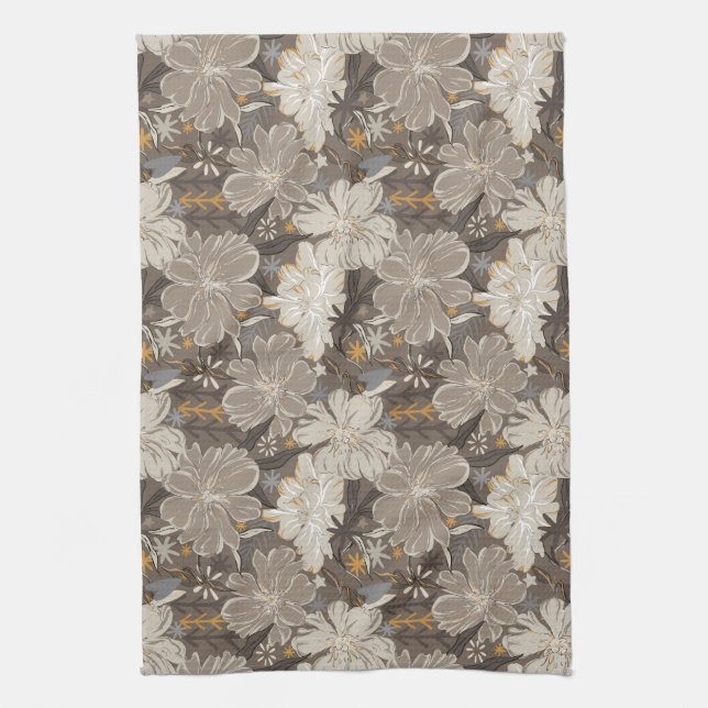 Flowers line drawing grey, white, & hints of tan  kitchen towel (Vertical)