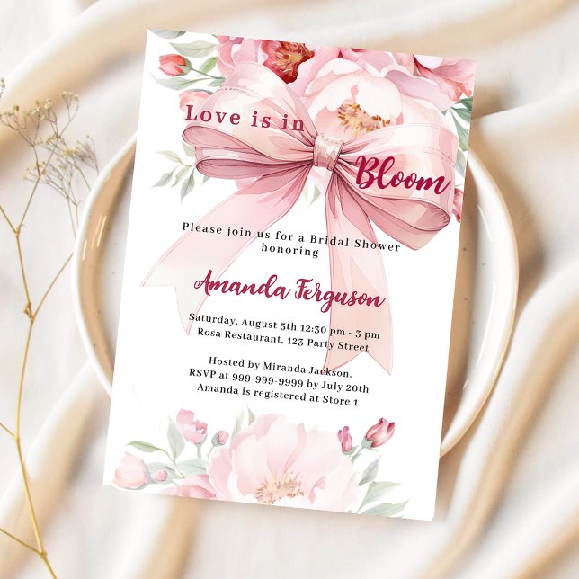 Flowers Love is in bloom pink bow Bridal Shower Invitation (Creator Uploaded)
