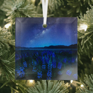 Flowers   Lupines Blooming  at Night Lake Tekapo Glass Ornament