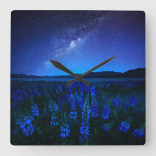 Flowers Lupines Blooming at Night Lake Tekapo Square Wall Clock