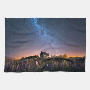 Flowers Lupines Blooming Lake Tekapo New Zealand Kitchen Towel