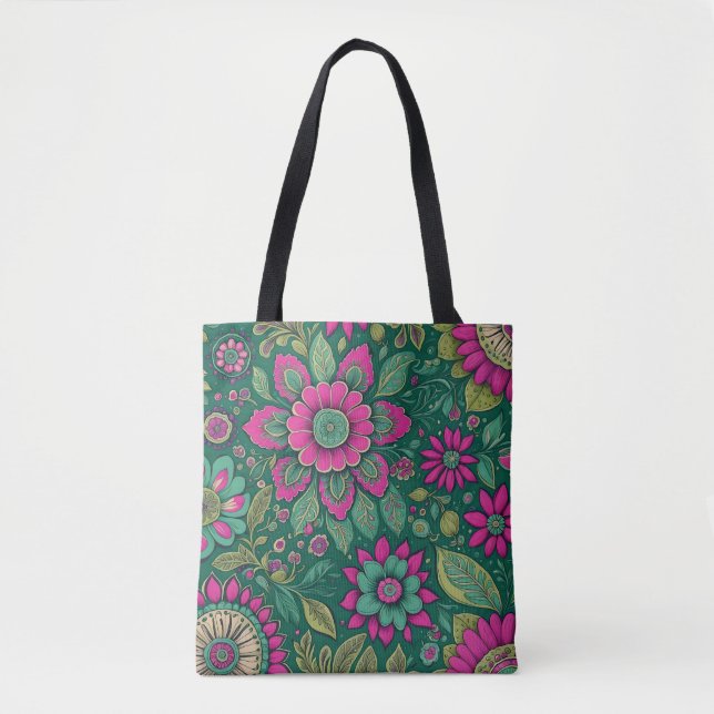 Flowers Mandala Blossoms pink green Tote Bag (Front)
