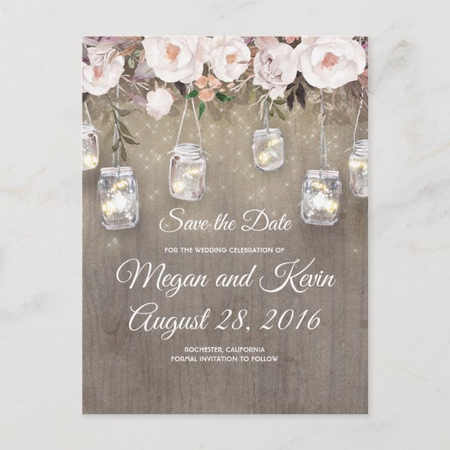 Flowers Mason Jar Lights Rustic Save the Date Announcement Postcard (Front)