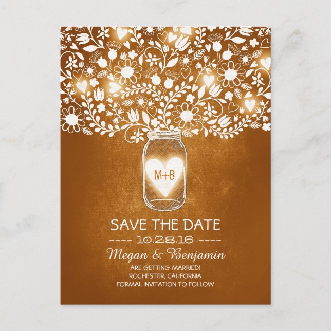 Flowers mason jar orange save the date postcards (Front)