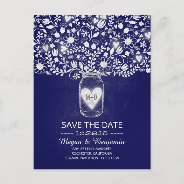 Flowers mason jar royal blue save the date announcement postcard (Front)