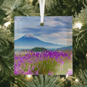 Flowers Mount Fugi Japan Glass Ornament